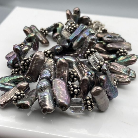 Vintage Triple Strand Biwa Pearl and Cut Crystal Bracelet with Sterling Silver - Picture 6 of 7